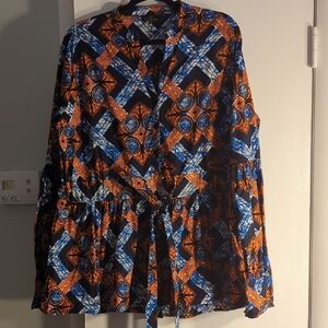 Chiamaka Long Sleeve Peplum Blouse with Sash (Navy/Orange Tiles)